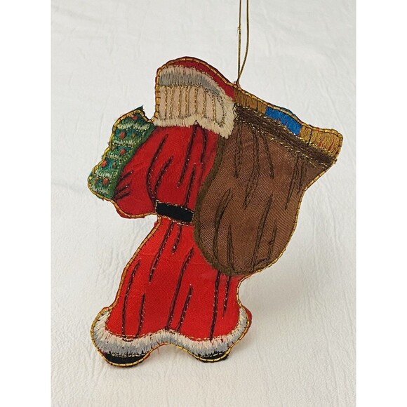 VTG Santa Christmas Ornament Fabric Silk Figurine Needlecraft Gold Thread 5.25” - Picture 3 of 7